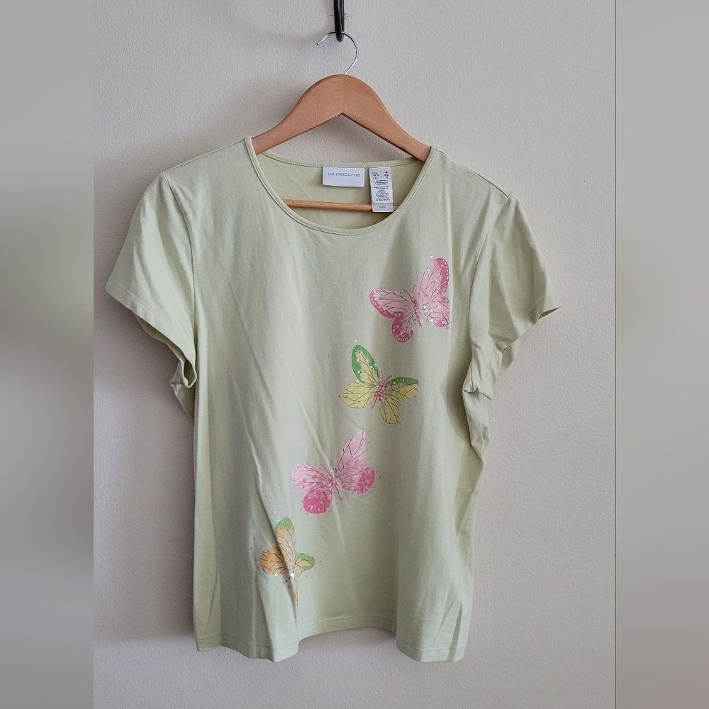 Liz Claiborne Butterfly Scoopneck Top, Women's XL, Soft Green & Pink with Sequin
